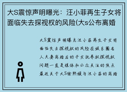 大S震惊声明曝光：汪小菲再生子女将面临失去探视权的风险(大s公布离婚之后)